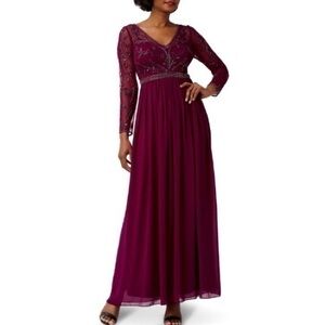 ADRIANNA PAPELL Illusion V-neck Long Sleeve Beaded Chiffon Gown in Bordeaux Sz 4